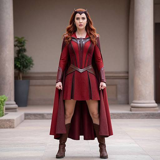 Photograph of a woman with long red hair, wearing a dark red, medieval-style dress with a cape, brown boots, and a headpiece,