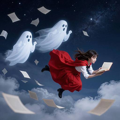 Digital illustration of a girl in a red dress and white blouse, flying through a starry night sky with two white ghostly figures, surrounded by floating