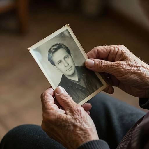 Photograph of an elderly person's wrinkled hands holding a black-and-white portrait of a young man with short, dark hair, wearing a dark shirt