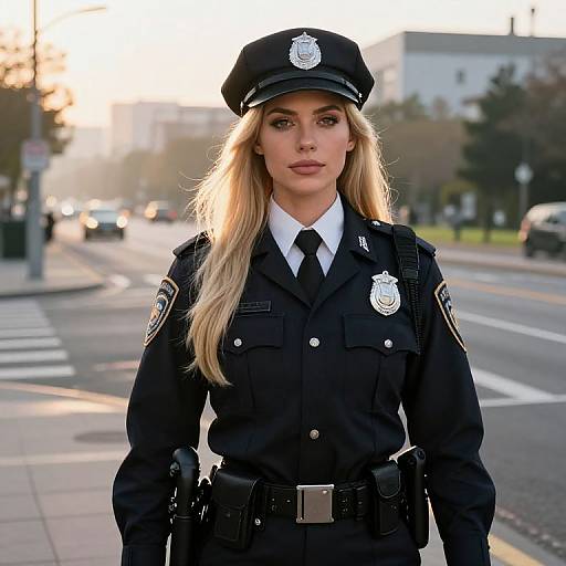 Photograph of a blonde, attractive female police officer in a black uniform and hat, standing on a sunlit city street.