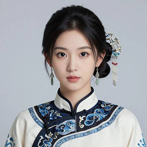 Photograph of a young Asian woman with fair skin, black hair in a bun, wearing a traditional blue and white Chinese dress, adorned with intricate floral
