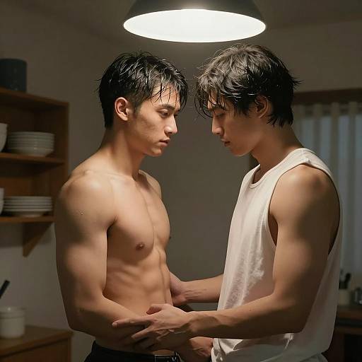 Two men sharing an intimate moment indoors