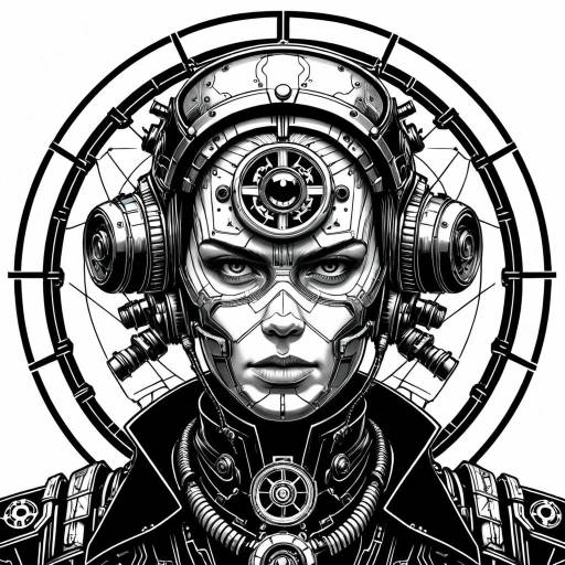 Neo-Noir Cyborg Samurai Line Art