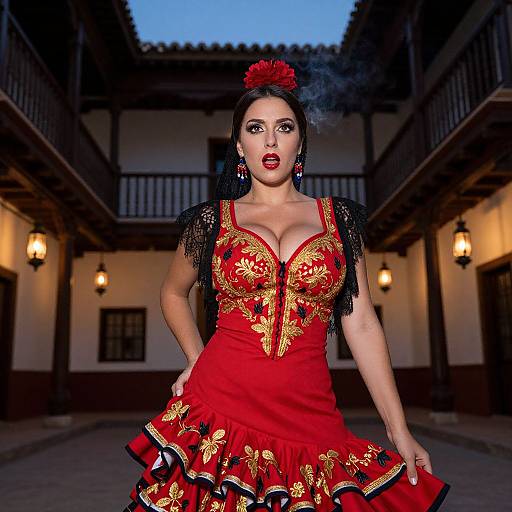 Photograph of a Latina woman in a vibrant red flamenco dress with gold embroidery, black lace sleeves, and red flower hairpiece, standing in a