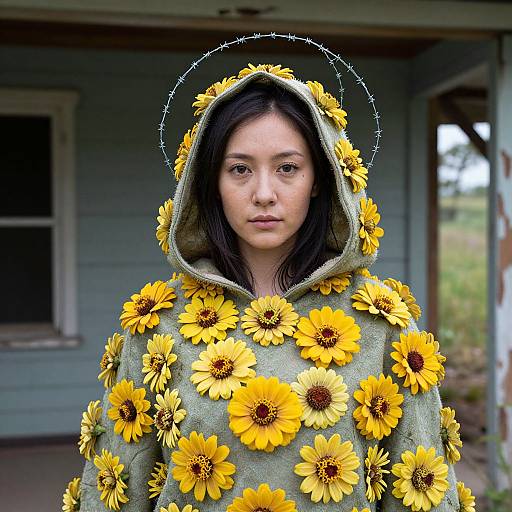 Photograph of Asian woman with straight black hair, wearing a green hoodie adorned with yellow sunflowers, standing in front of a blue wooden house.