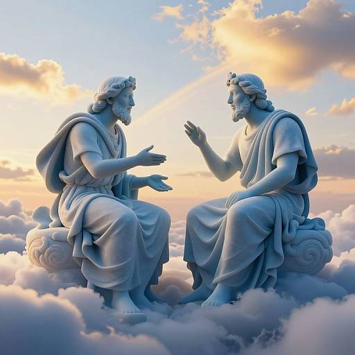Photograph of two blue-toned, classical-style statues of bearded men with flowing robes, seated on clouds, gesturing towards each other against a