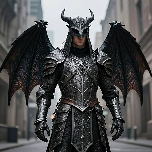 Photograph of a dark, armored demon warrior with black wings, horned helmet, and intricate metal armor standing in a foggy, urban alleyway