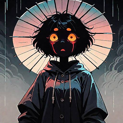 Eerie Girl with Umbrella in Raincoat