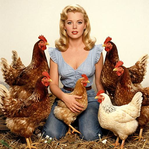 Vintage-style photograph of a blonde woman with wavy hair, wearing a blue blouse and jeans, sitting among six brown chickens and one white chicken on straw