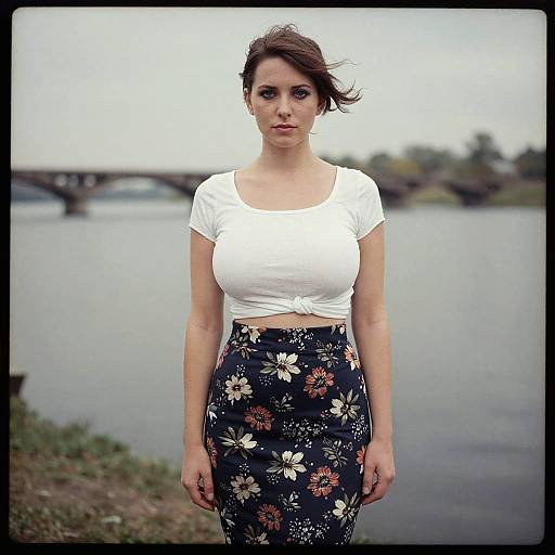 Photograph of a serious-looking woman with fair skin and brown hair in a white tied crop top and black floral skirt, standing by a calm river with