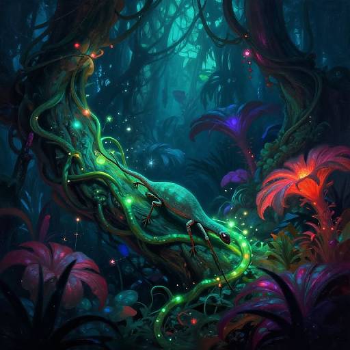 Digital fantasy artwork of a bioluminescent, serpent-like creature winding through a vibrant, glowing forest with colorful, alien plants and floating fireflies.