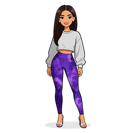 Digital illustration of a young woman with long black hair, wearing a white cropped sweater, purple galaxy-patterned leggings, and white sandals, standing against a