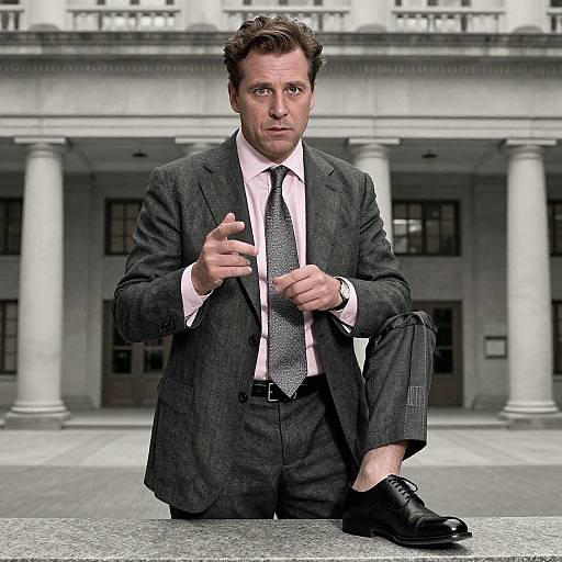 Photograph of a serious, middle-aged man in a dark suit, white shirt, and gray tie, sitting with one knee up, pointing at the
