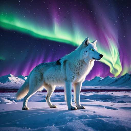 Majestic White Wolf Under Northern Lights