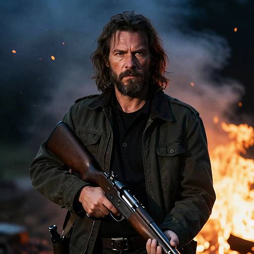 Intense Grizzled Hunter in Dark Surroundings