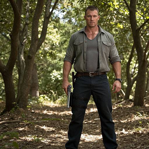 Photograph of a muscular, serious-looking man with short brown hair, wearing a gray shirt, black pants, and holding a gun, standing in a