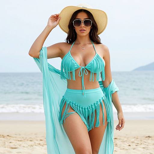 Photograph of a woman in a turquoise fringe bikini, white sheer shawl, wide-brimmed straw hat, and sunglasses on a sandy beach.