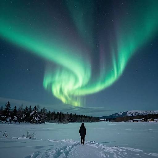 Photograph of a person standing in a snowy landscape at night, gazing at vibrant green and blue Northern Lights in the starry sky.