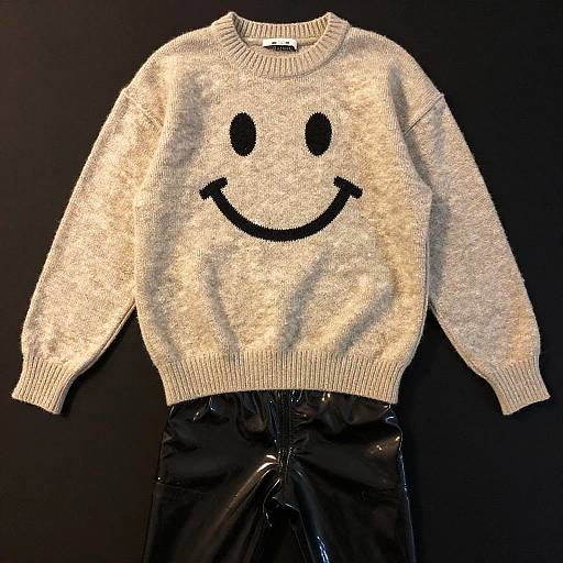 Photograph of a white, knitted sweater with a black smiley face on the chest, paired with black, shiny, vinyl pants, against a