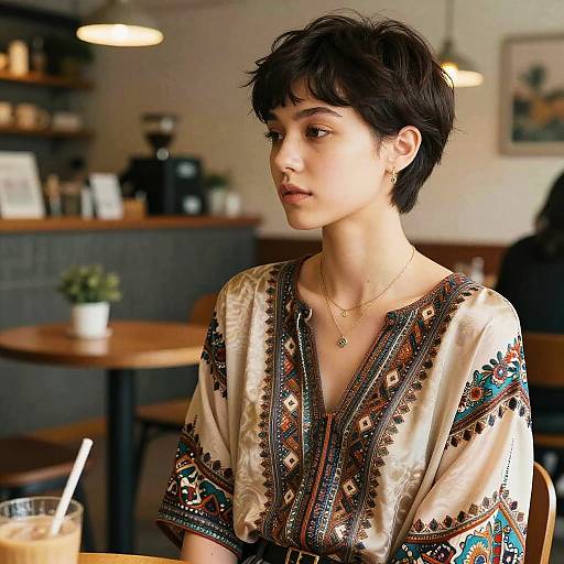 Photograph of a young woman with short, dark hair, wearing a patterned, V-neck blouse, sitting in a cozy cafe with warm lighting.