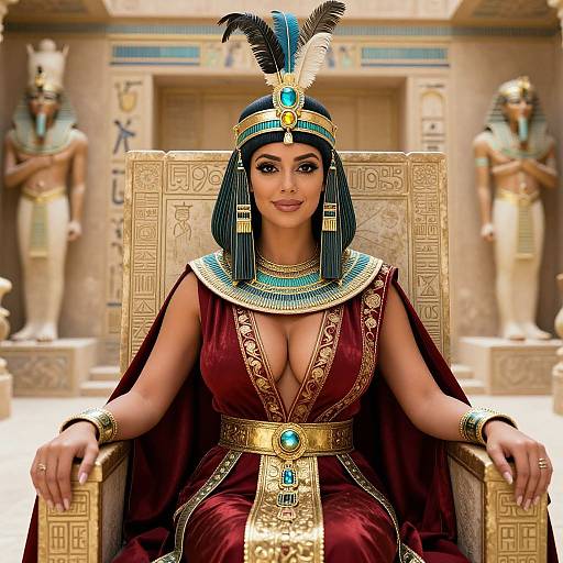 Digital artwork of a voluptuous woman with dark hair, wearing an Egyptian headdress, deep red gown, and gold jewelry, seated on an ornate