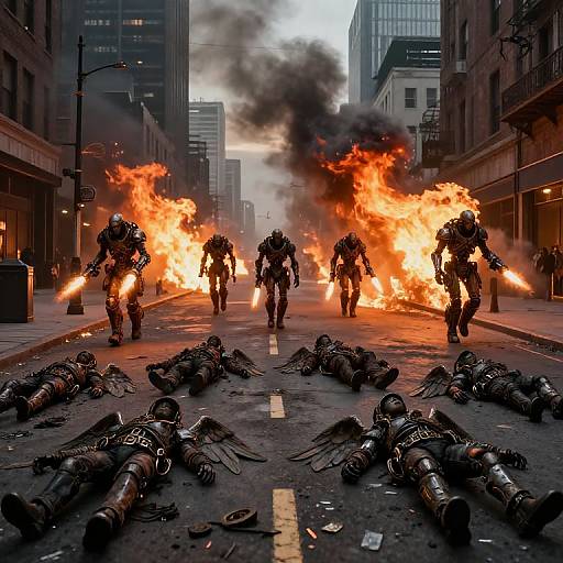 Steampunk Terminators with Flamethrowers on Burning City Street