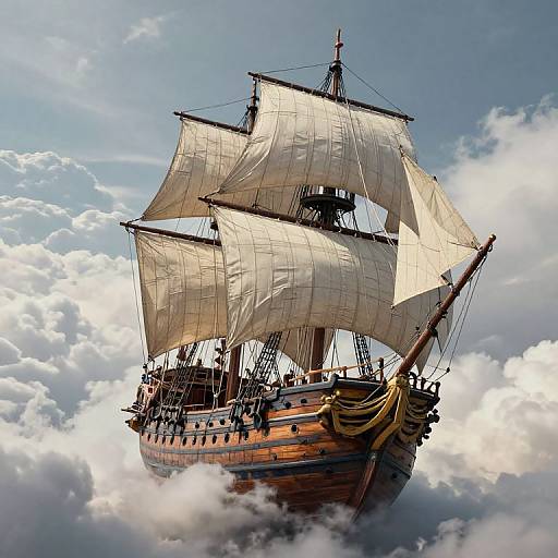Photograph of a majestic wooden pirate ship with billowing white sails soaring through a bright, cloudy sky.