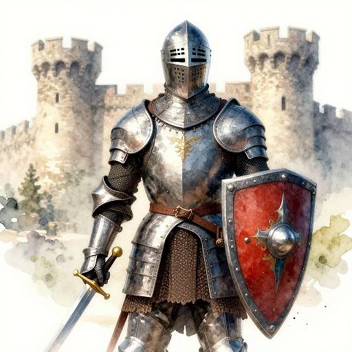 Medieval knight in full plate armor, holding a sword and red shield with a silver star, standing before a textured castle wall. Digital art with water