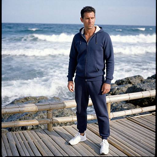 Photograph of a muscular man with short dark hair, wearing a navy hoodie and pants, white sneakers, standing on a wooden pier with ocean waves in