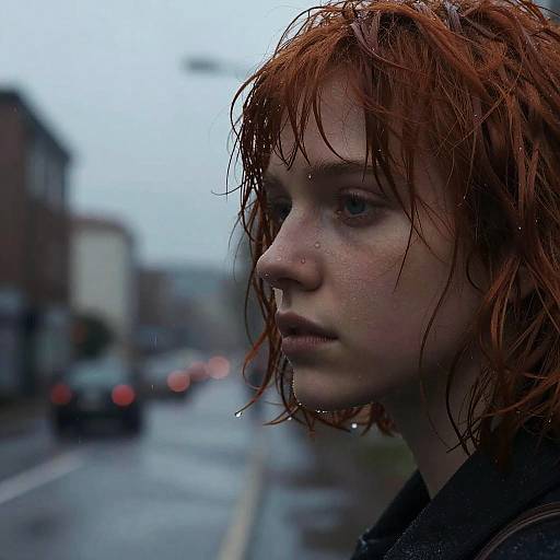 Moody Close-Up of Red Hair in Rain