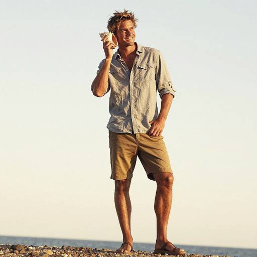 Casual Shoreline Man with Conch Shell