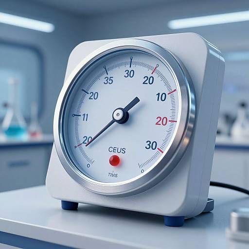 Photograph of a modern, white, square, analog clock with black and red hands, displaying 20 degrees Celsius, on a laboratory bench.