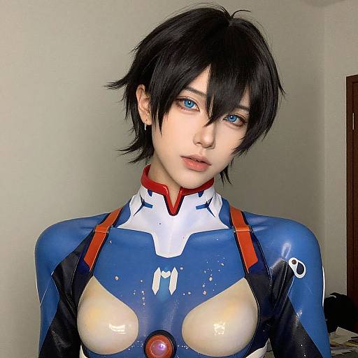 Photorealistic digital portrait of an androgynous cosplayer with short black hair, blue eyes, and blue-white-red sci-fi bodysuit