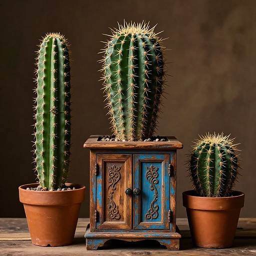 Photograph of three cacti: two tall with spiky green stems in terracotta pots, one shorter in a blue, wooden decorative cabinet