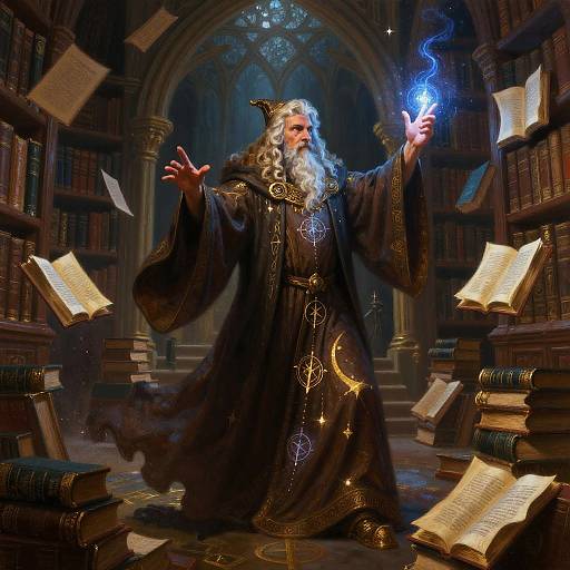 Magical wizard in ornate black robe, holding glowing blue flame, surrounded by floating books in a dimly lit, gothic library.