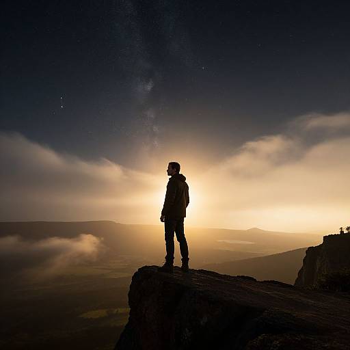 Silhouetted hiker stands on rocky peak at sunrise, gazing at Milky Way galaxy and misty horizon. Photo captures serenity and vast