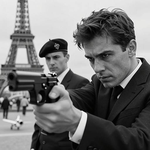 Intense Gunman in Front of Eiffel Tower