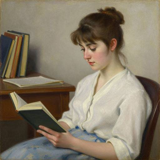 Realistic oil painting of a young woman with fair skin and brown hair in a bun, wearing a white blouse and blue skirt, reading a book in