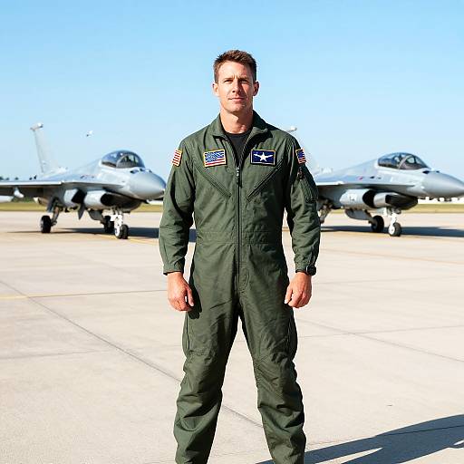 Photograph of a Caucasian male pilot in a dark green flight suit, standing on a sunny airfield with two fighter jets in the background. Bright blue