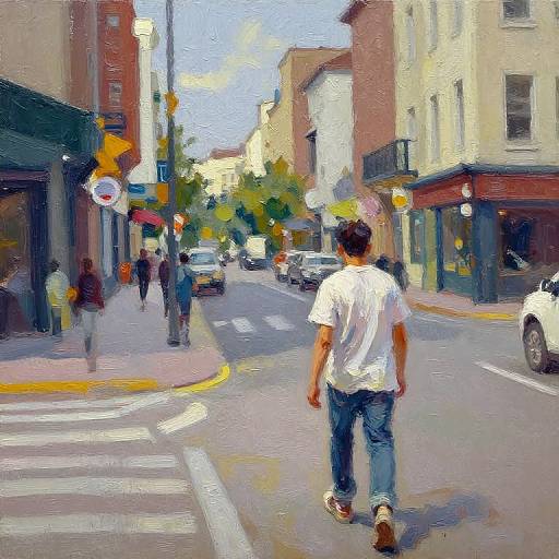 Impressionist-style painting of a city street with a young man in a white t-shirt and jeans walking away, surrounded by buildings, cars, and
