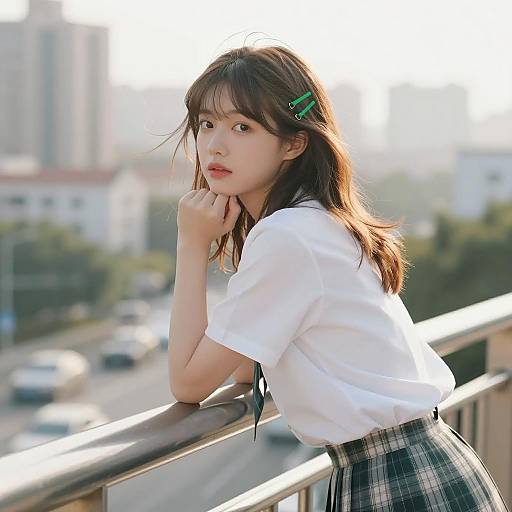 Young Woman Leaning on Railing in Cityscape