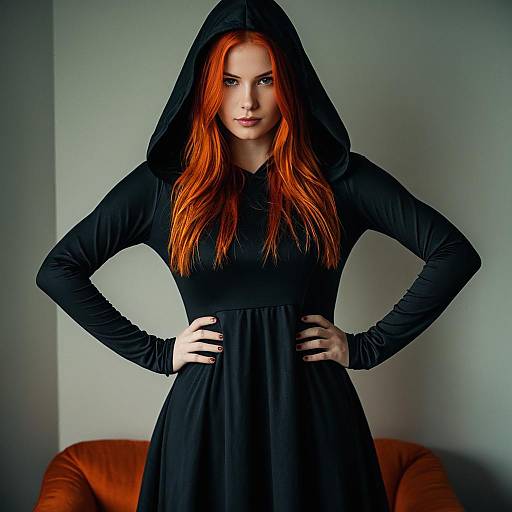 Woman in Black Hooded Dress with Red Hair