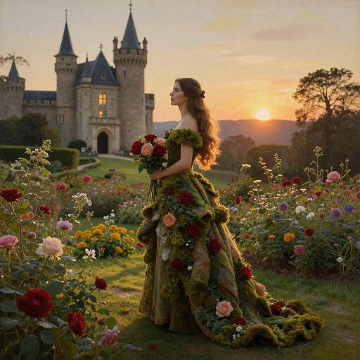 Photograph of a fair-skinned woman with long brown hair in a floral, off-shoulder gown holding a bouquet, standing in a vibrant garden