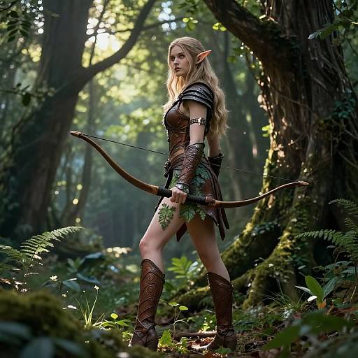Photorealistic digital artwork of a blonde, elven archer with pointed ears, in forest, wearing brown leather armor and boots, holding a bow