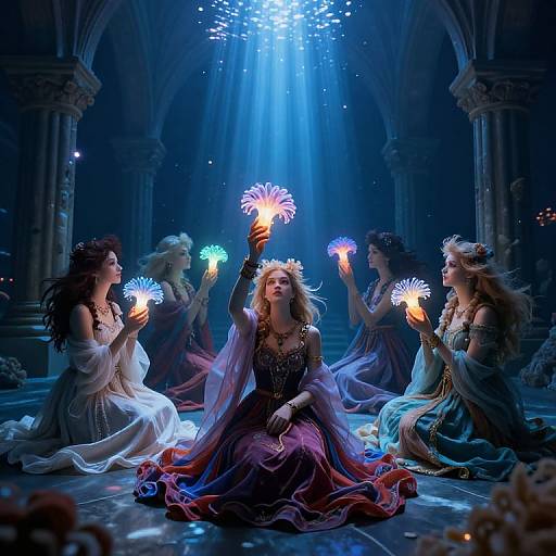 Underwater Cathedral with Glowing Figures