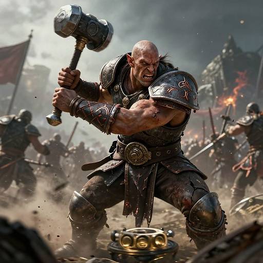 Digital artwork of a muscular, bald, angry warrior with dark armor and a large hammer, charging forward in a chaotic battlefield.