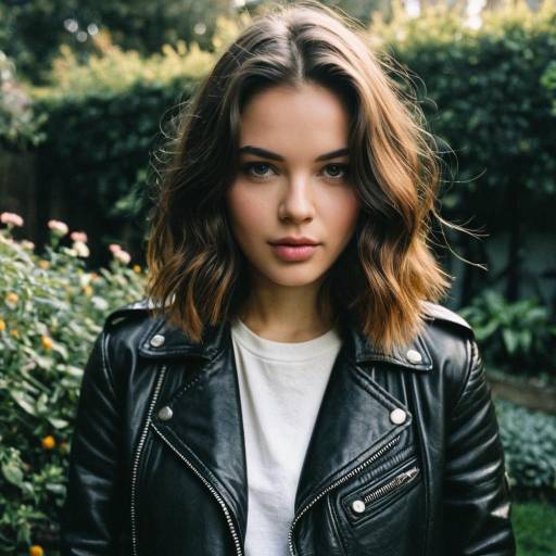 Young Woman with Middle Part Hairstyle in Leather Jacket