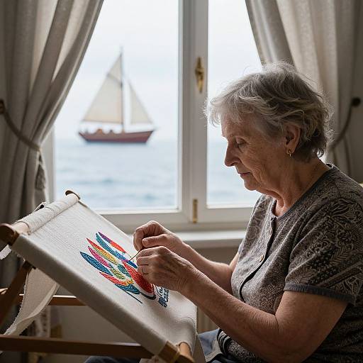 Elderly woman with short gray hair, wearing a patterned gray top, embroiders colorful designs on fabric by a sunlit window.