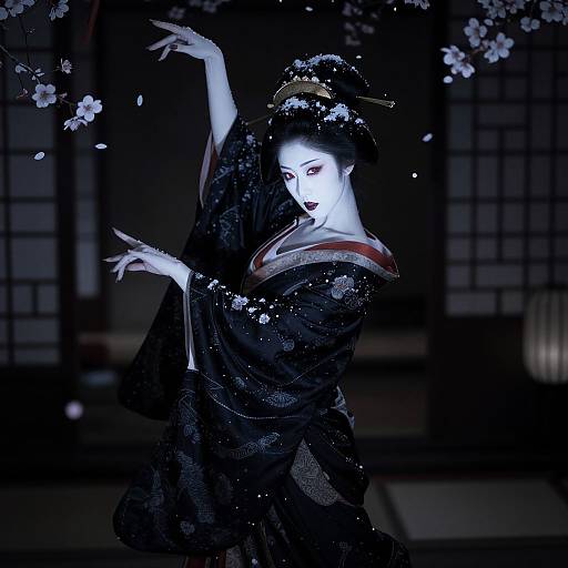 Digital art of a pale, blue-lit geisha with black kimono, red collar, intricate hair, and cherry blossoms, gracefully dancing in