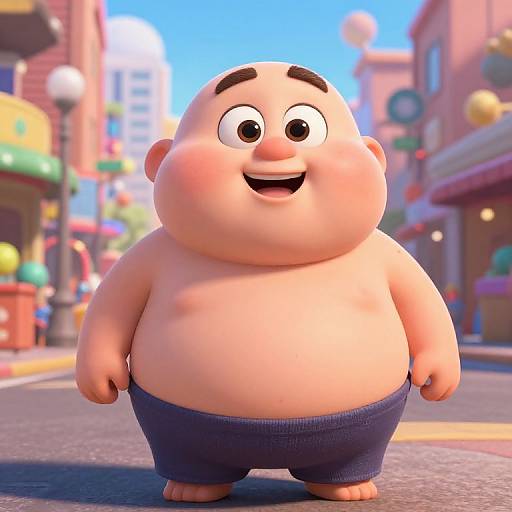 CGI cartoon of a chubby, smiling, bald man with light skin, small black eyes, and brown eyebrows, wearing blue pants, standing on a